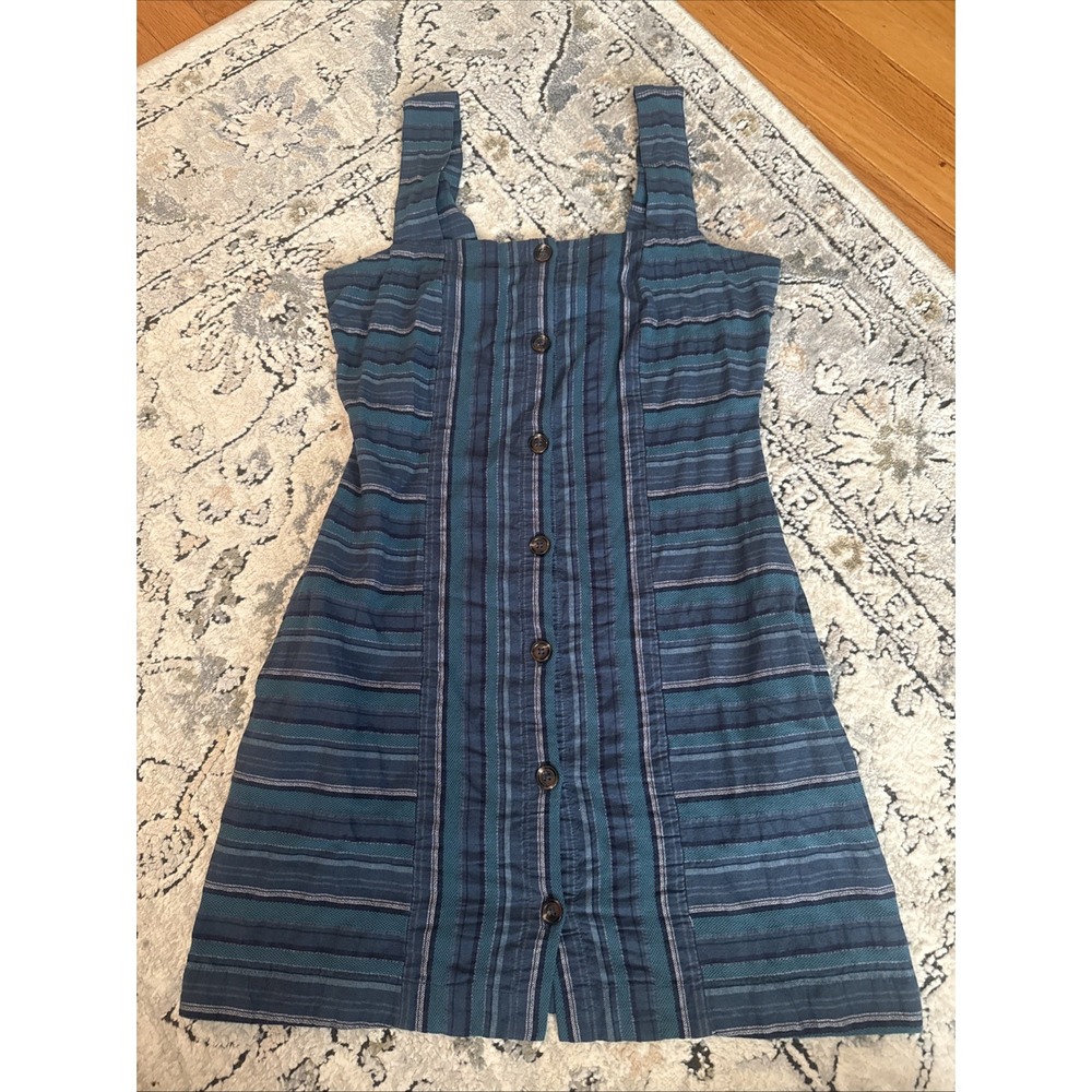 ROXY Blue Striped Sundress Wide Strap Neck Button Front Pockets Strappy Size S